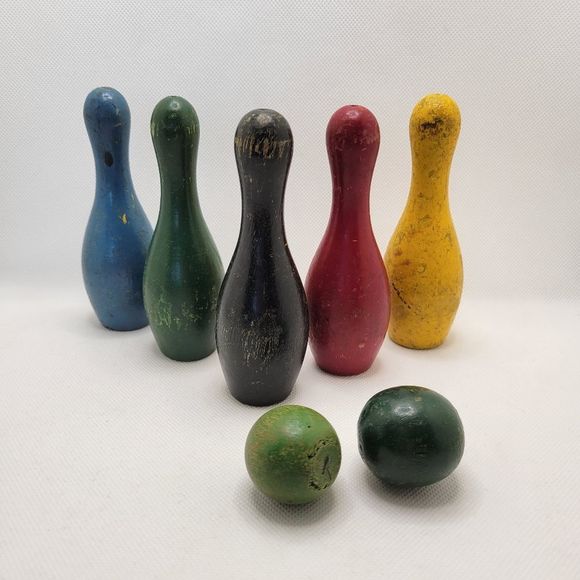 Mid-Century Wooden Toy Bowling Pin and Ball Set 1950s Rainbow - Picture 2 of 12